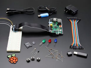 Raspberry Pi Model B start pack with kit contents.
