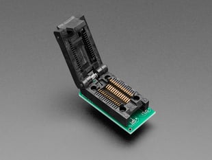 Angled shot of SMT Test Socket - SOIC-28 Wide Breakout with latch opened to reveal socket.