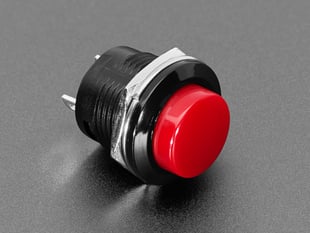 Angled shot of 16mm red panel mount pushbutton.