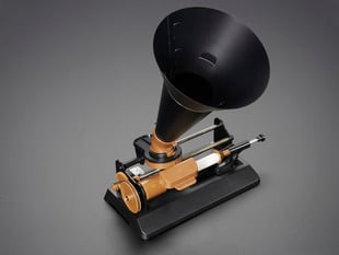 Angled shot of assembled Edison Wax Candle Cylinder Phonograph Kit.