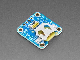 Angled shot of a 12mm Coin Cell Breakout Board with On-Off Switch (coin cell side).
