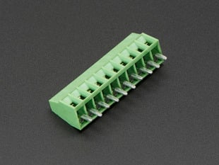 Angled shot of green 10-pin 2.54mm terminal block.