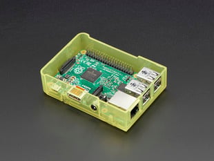 Angled shot of assembled yellow Pi Model B+ / Pi 2 / Pi 3 Case Base without a lid.