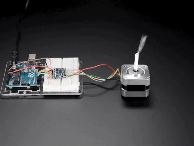 Video of a spinning motor driver connected to a Adafruit TB6612 1.2A DC/Stepper Motor Driver Breakout Board. 
