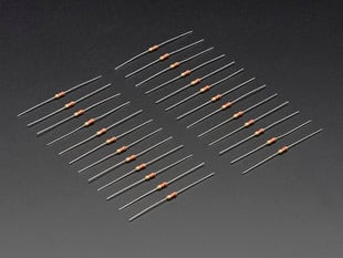 Angled shot of 25 Through-Hole Resistors - 2.2K ohm 5% 1/4W.