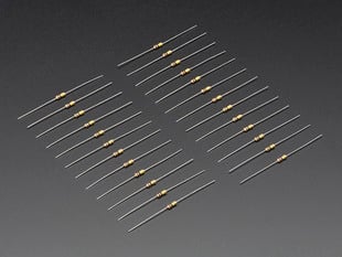 Angled shot of 25 Through-Hole Resistors - 100K ohm 5% 1/4W.