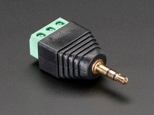 3.5mm stereo audio plug adapter with three green terminal blocks.