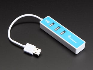 Blue and white USB hub with three USB-A sockets and a USB-A plug cable.