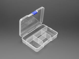 Clear plastic storage box with five compartments. Lid is opened.