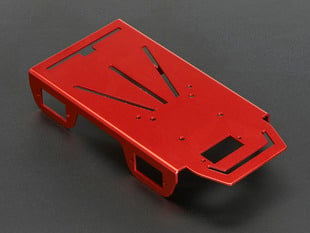 Red bent-sheet robot chassis showing various holes and slots.