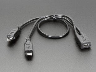 Black USB micro-B Y splitter cable with two USB micro-b plugs and one socket