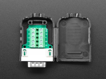 Top view of opened up DE-9 (DB-9) Male Plug to Terminal Block Breakout