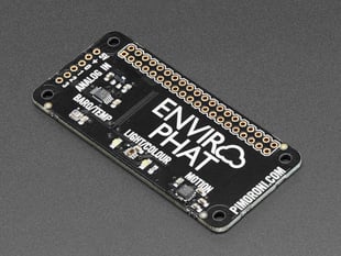 Angled shot of a Pimoroni Enviro pHAT for Raspberry Pi Zero. 