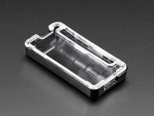 Angled shot of a rectangular black and clear acrylic case.