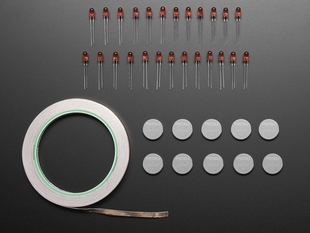 "Paper Circuits" — Makerspaces kit
contents include: Coin-cell battery (3V) CR2032 x 10
Copper Foil Tape with Conductive Adhesive - 6mm x 15 meter roll
Diffused Red 5mm LED (25 pack)
