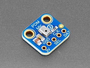 Angled shot of blue, square-shaped MEMS microphone breakout.