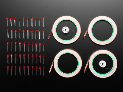 E-Textiles Class Kit contents include 4x Copper Foil Tape with Conductive Adhesive - 6mm x 15 meter roll
2x Stainless Thin Conductive Thread - 2 ply - 23 meter/76 ft
2x Diffused Red 5mm LED (25 pack)