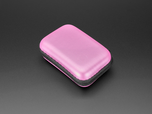 Angled shot of pink, rectangular zipper case, closed.