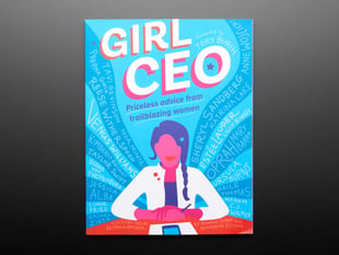 Front cover of "Girl CEO" by Ronnie Cohen & Katherine Ellison. A feature-less cartoon professional woman with a side-braid seated at a desk with hands folded amidst a background of powerful blue waves.
