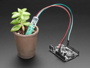 Demo Shot of the Adafruit STEMMA Soil Sensor - I2C Capacitive Moisture Sensor in a small potted plant, with wires connecting it to an Adafruit Metro.