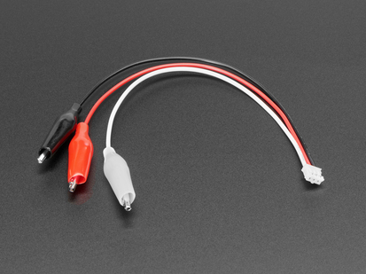 Angled shot of JST PH 3-pin Plug to Color Coded Alligator Clips Cable.