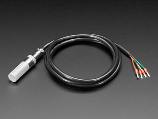 A coiled, black, humidity-temperature sensor cable with a mesh cover and four wire ends.