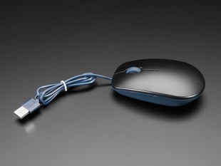 Angled shot of a black-and-gray-blue optical mouse with USB-A cable.
