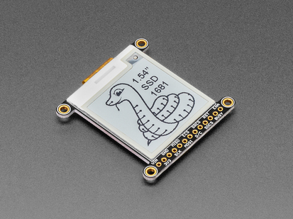 Angled Demo Shot of the Adafruit 1.54" Monochrome eInk / ePaper Display with SRAM with an image of a Snake and text that reads "1.54 SSD 1681".