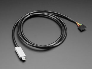 A 1-meter long coiled, black, FTDI cable with a USB-C connector.