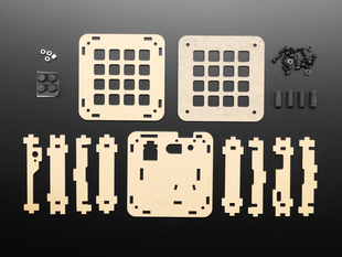 Acrylic enclosure pieces and black, plastic hardware for a 4x4 keypad. 