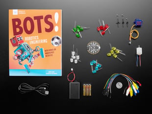 Bots! by Kathy Ceceri - Book and Parts Bundle showing many components, motors, LEDs, and more