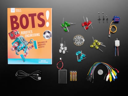Bots! by Kathy Ceceri - Book and Parts Bundle showing many components, motors, LEDs, and more