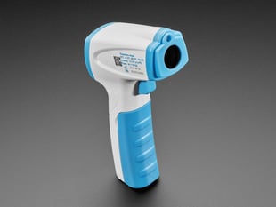 Blue and white temperature scanner standing upright on the handle