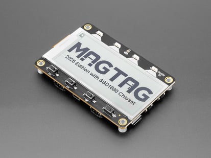 Angled shot of rectangle-shaped electronic ink display breakout with the text: "MAGTAG 2025 Edition with SSD1680 Chipset"