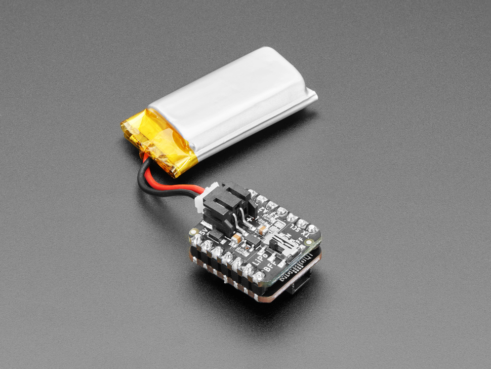 Additional angled shot of QT Py and LiPo BFF assembled with a Lipoly battery.