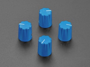 Angled shot of four blue plastic micro knobs.