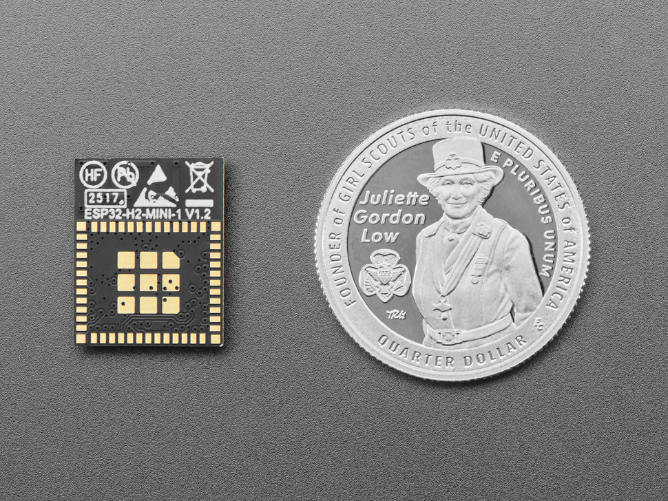 Back of small wireless module next to US quarter for scale.