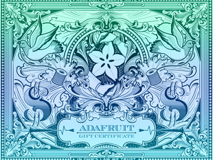 Stylized graphic with US dollar signs and "Adafruit Gift Certificate" in filigree font.