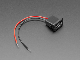 Angled shot of panel mount USB-A to 2 wire cable.