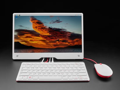 Demo Shot of the Raspberry Pi Monitor (Red/White) with the Raspberry Pi 400 Desktop - Full Computer Kit.