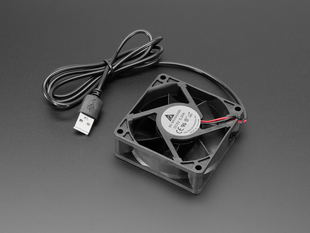 Angled shot of small, square, black USB fan with USB-A cable.