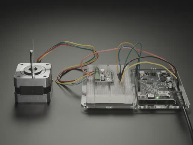 Video of a motor stepper driver board driving a stepper motor connected to a microcontroller.
