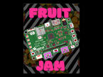 Prototyping image of a credit card-sized dev board. "Fruit Jam" in pink chunky text.
