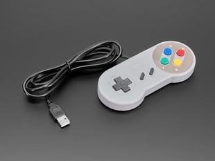 Angled shot of SNES game controller with USB-A cable.