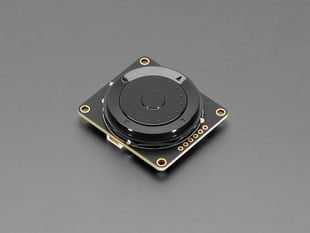 Angled shot of black, square-shaped rotary encoder breakout board.