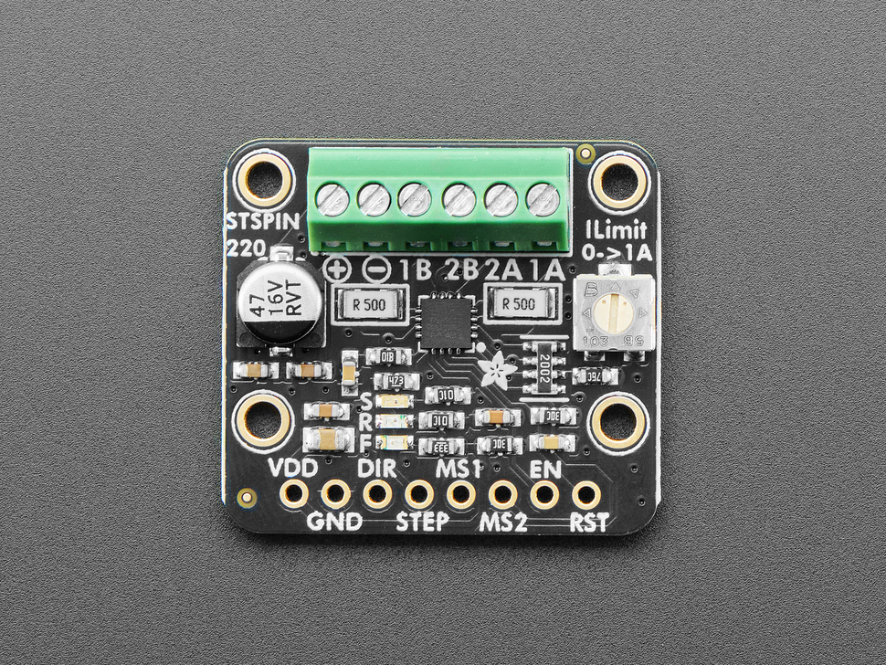 Top Down Top Shot of the Adafruit STSPIN220 Stepper Motor Driver Breakout Board.