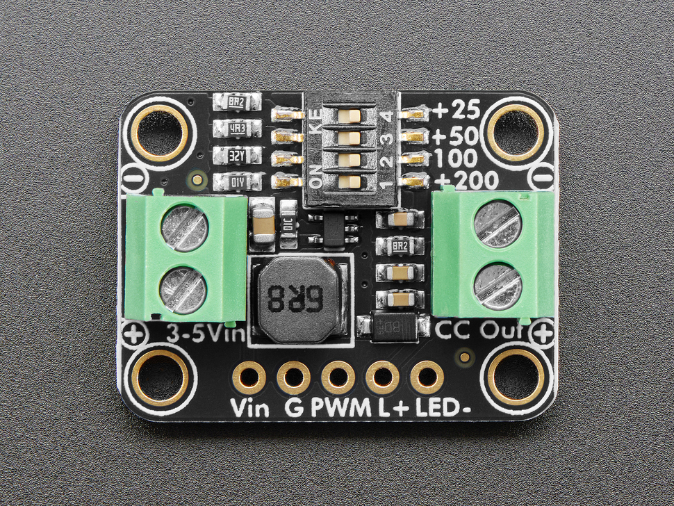 Overhead shot of black, rectangular LED driver board.