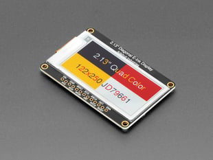 Angled Shot of the Adafruit 2.13" 250x122 Quad-Color eInk / ePaper Display w/ SRAM with the Text "2.13" QuadColor" on the screen in four colors. (Black, Red, Yellow & White) Each character in a different color.