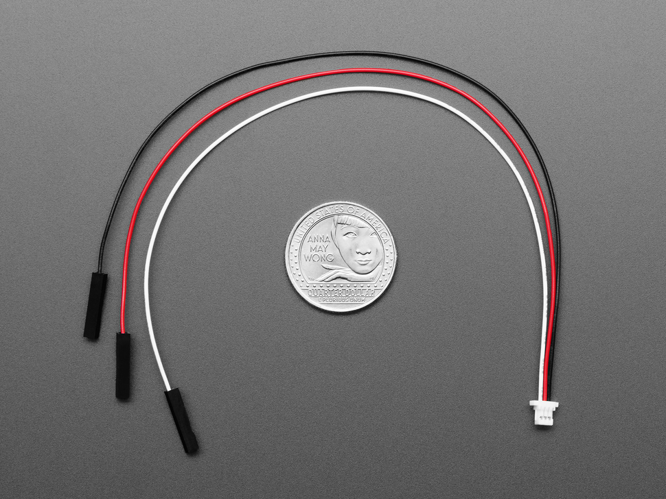 3-pin JST-SH with socket headers cable with U.S. quarter for scale.