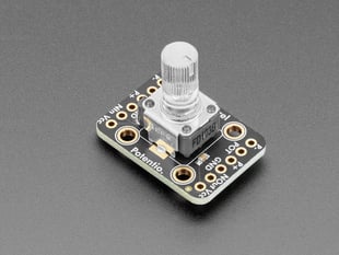 Angled shot of a black, rectangle-shaped rotary potentiometer breakout. 